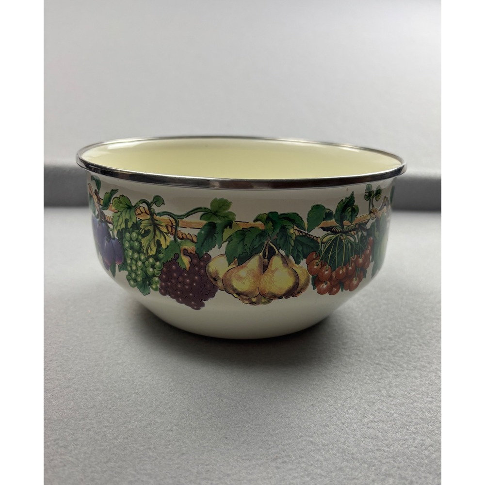 Vintage Tabletops Unlimited Enamelware Mixing Bowl Fruit Garland Retro Cookware
